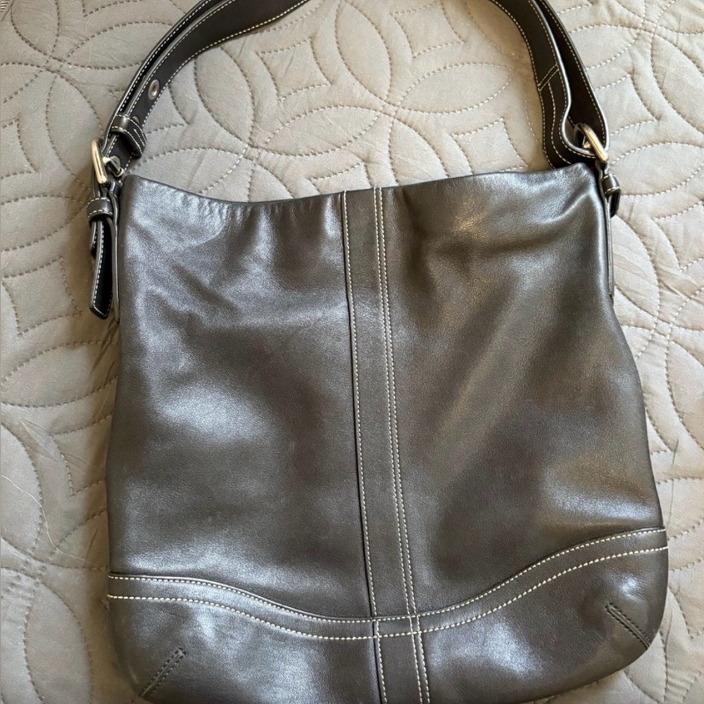 Coach Metallic Gray Leather Hobo Shoulder Bag